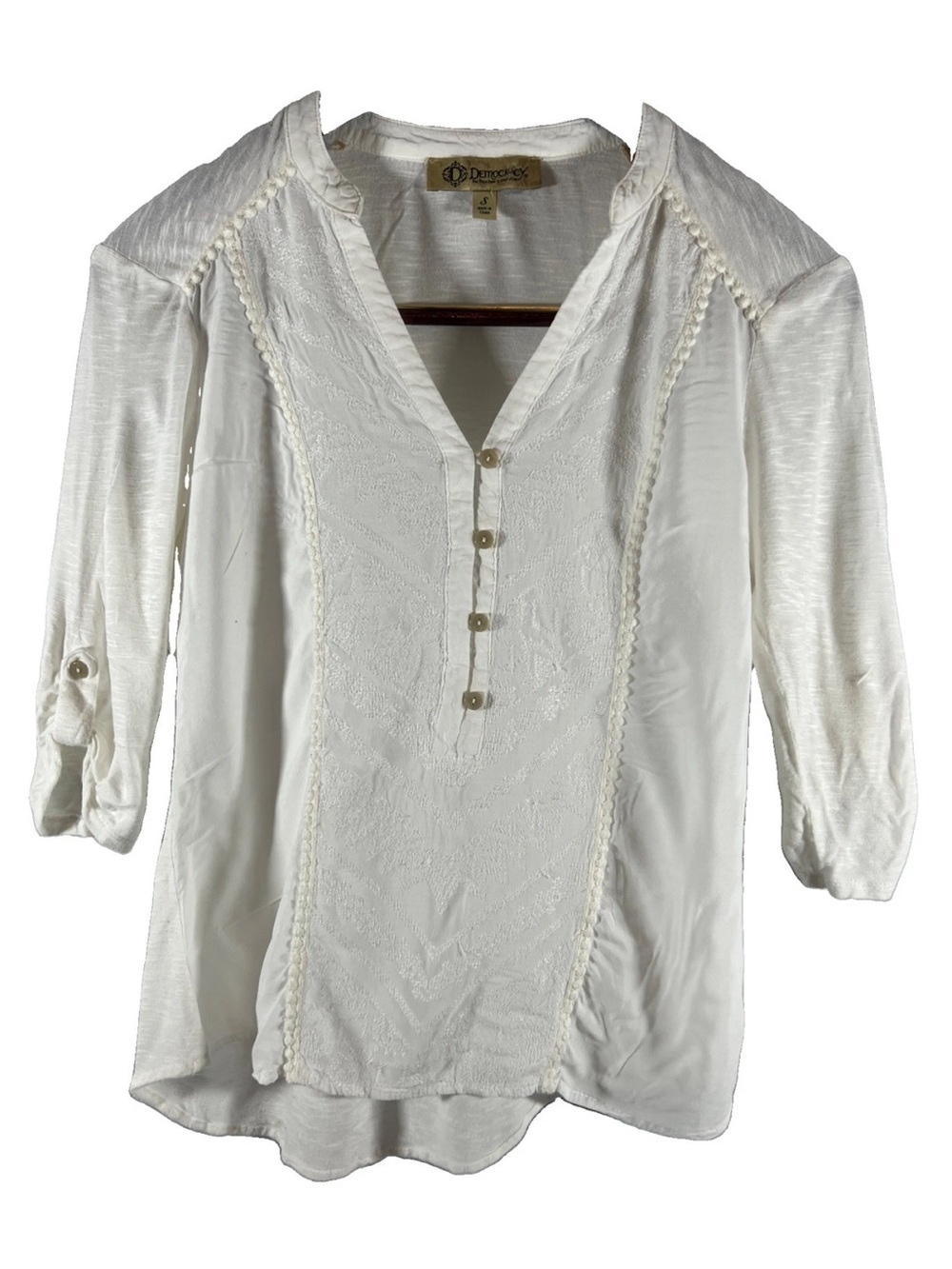 Democracy White Gauze Henley Blouse Womens Small Roll Tab 3/4 Sleeve Boho